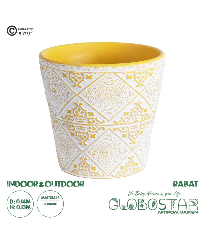 GloboStar® Artificial Garden RABAT 20518 Διακοσμητικό Κεραμικό Κασπώ Γλάστρα - Flower Pot Λευκό με Κίτρινο Φ14 x Υ13cm